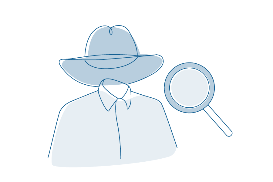 Illustration of full brimmed hat, jacket and magnifying glass