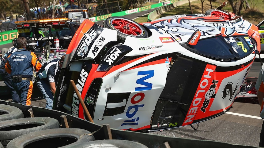 Warren Luff's Holden is upended during Bathurst 1000 practice