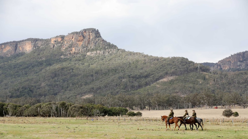 Three riders on horseback in the NSW countryside as they prepare to ride at Beersheba.