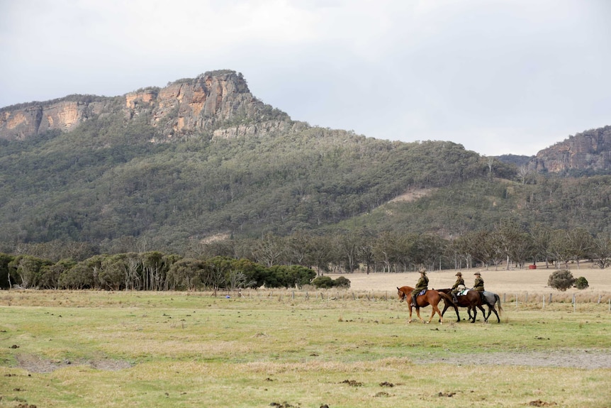 Three riders on horseback in the NSW countryside as they prepare to ride at Beersheba.