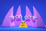 Four triangle characters stare down at a small, nervous triangle character to depict getting hired when you don't fit the mould.