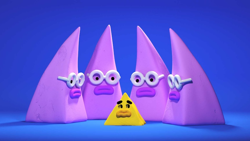 Four triangle characters stare down at a small, nervous triangle character to depict getting hired when you don't fit the mould.