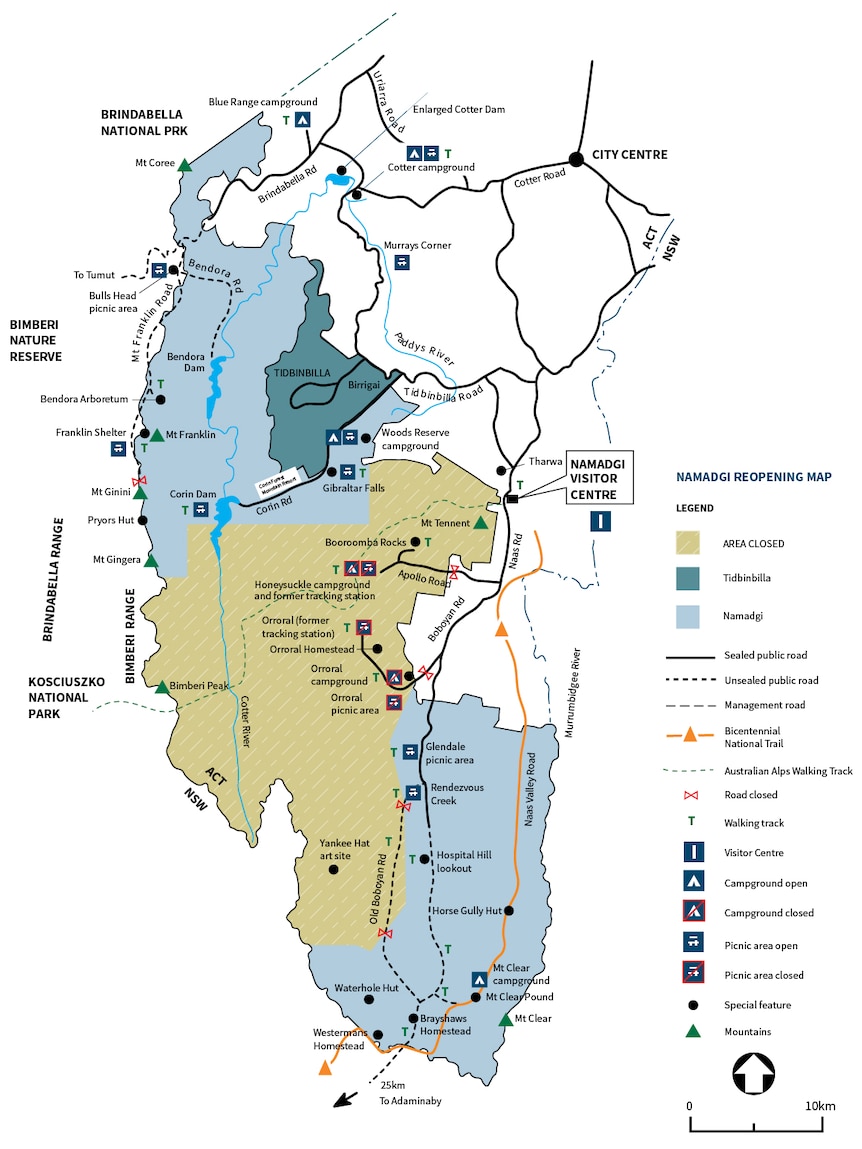 A map of Namadgi National Park with areas shaded corresponding to whether they're open or closed.