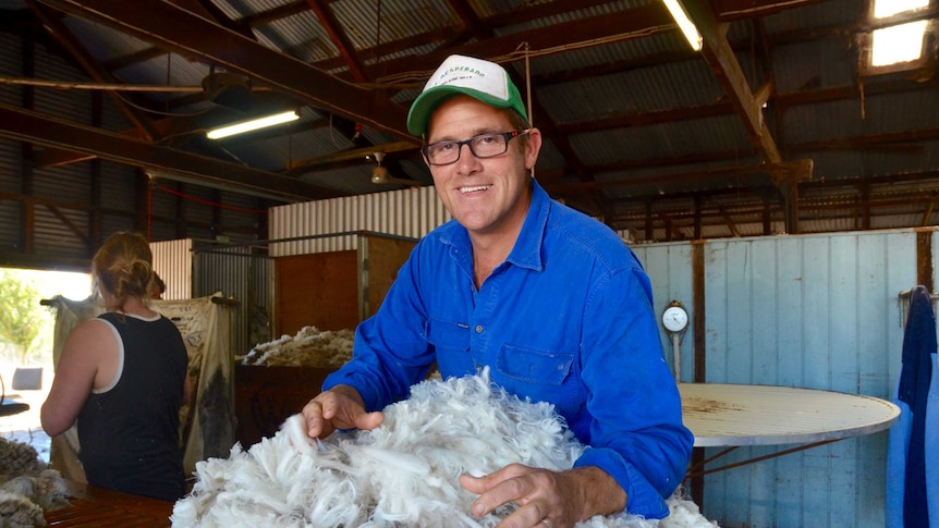 micheal stands ready to grasp a small pile of newly shorn sheep's wool, which is piled up on a table in front of him.