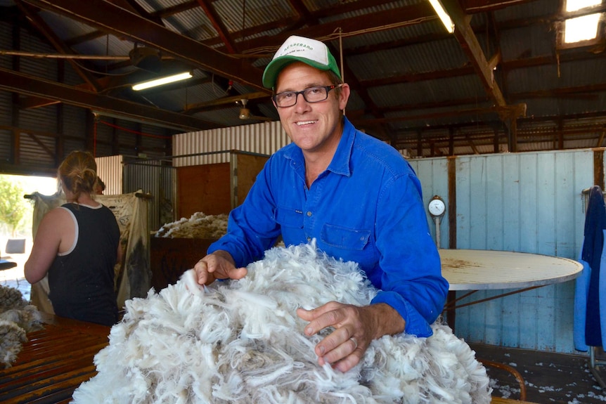 Michaell stands ready to grasp a small pile of newly shorn sheep's wool, which is piled up on a table in front of him.