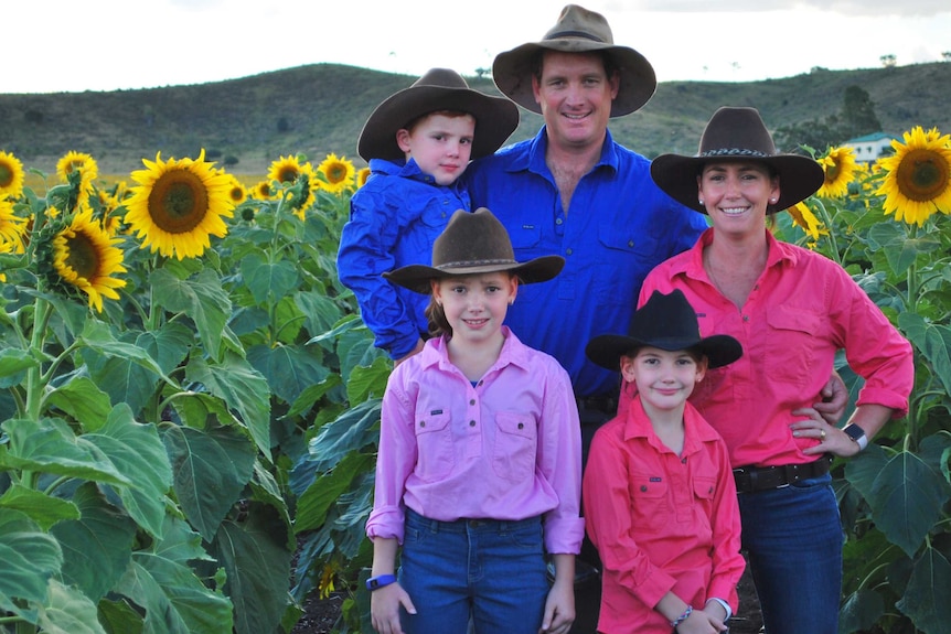 The McNaughton family standing in a field of sunflowers.