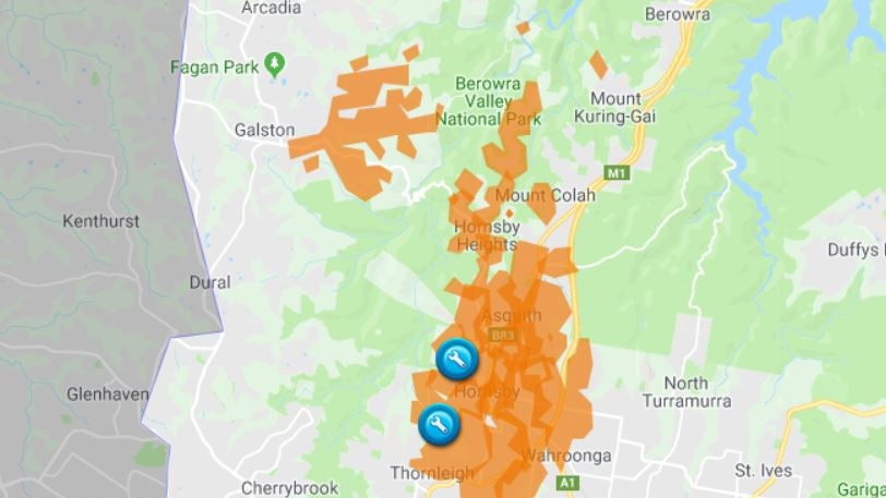 map with orange areas representing power outages