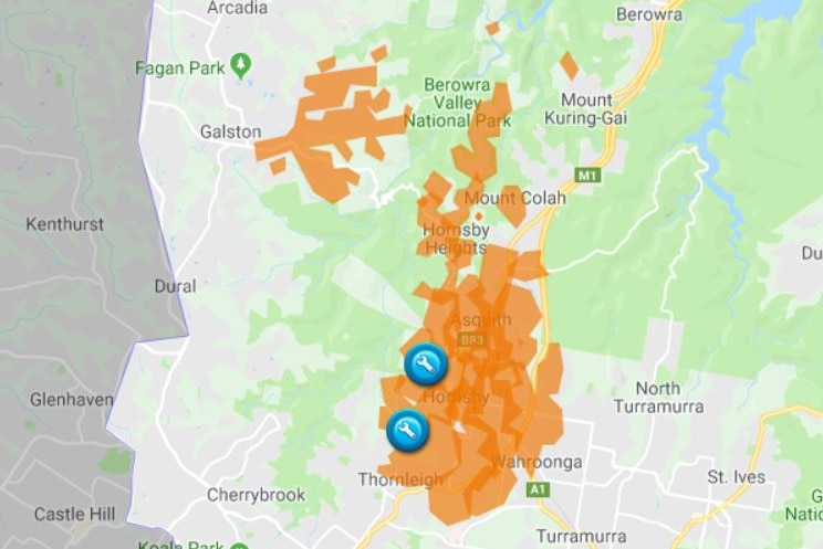 map with orange areas representing power outages