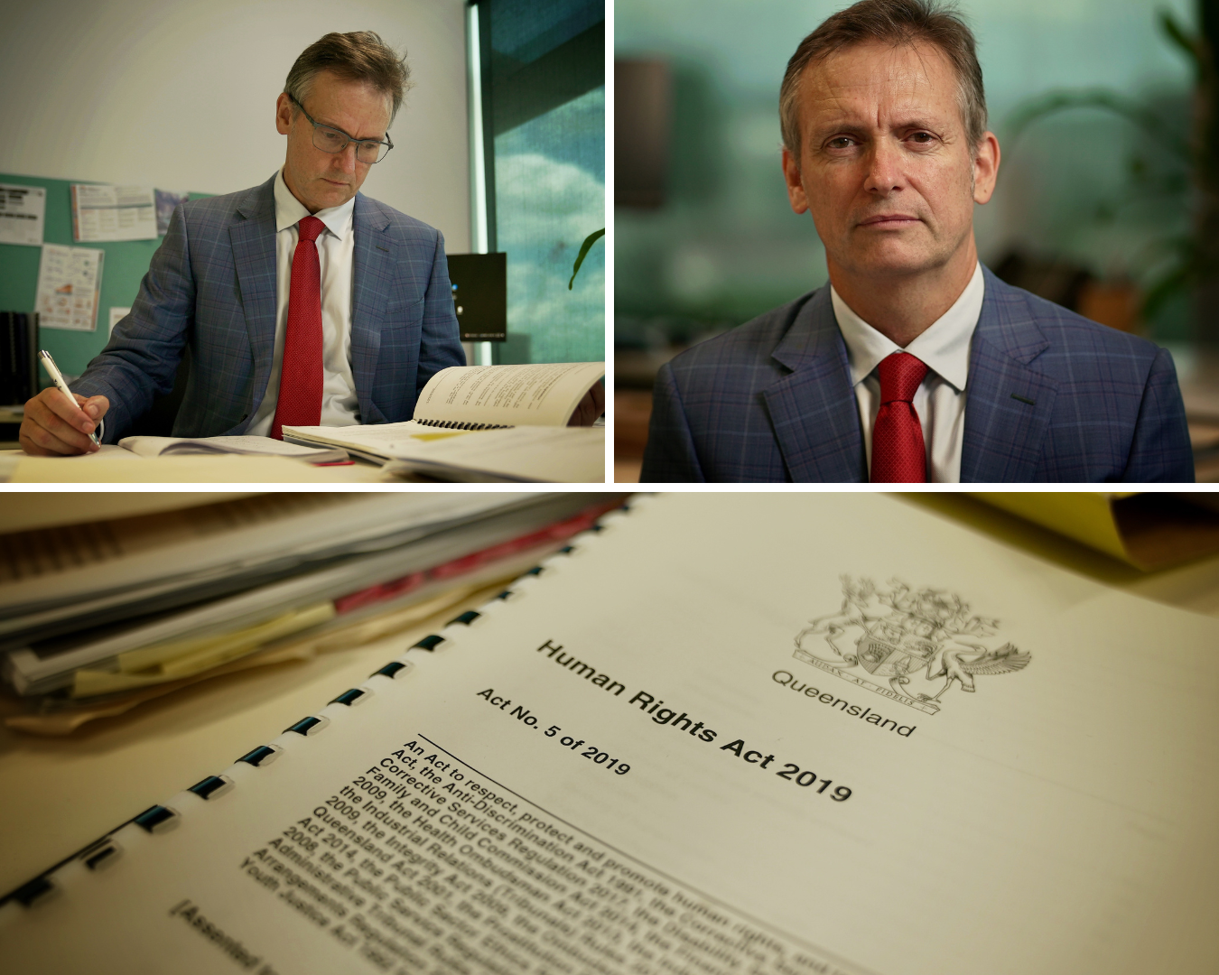 A collage shows a man working and staring at the camera, with the human rights act.