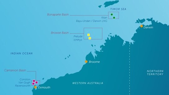 A map showing where the footprint of the Ichthys INPEX LNG project will be.