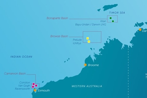 A map showing where the footprint of the Ichthys INPEX LNG project will be.