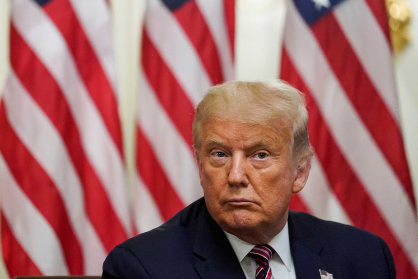 Donald Trump in front of a row of American flags