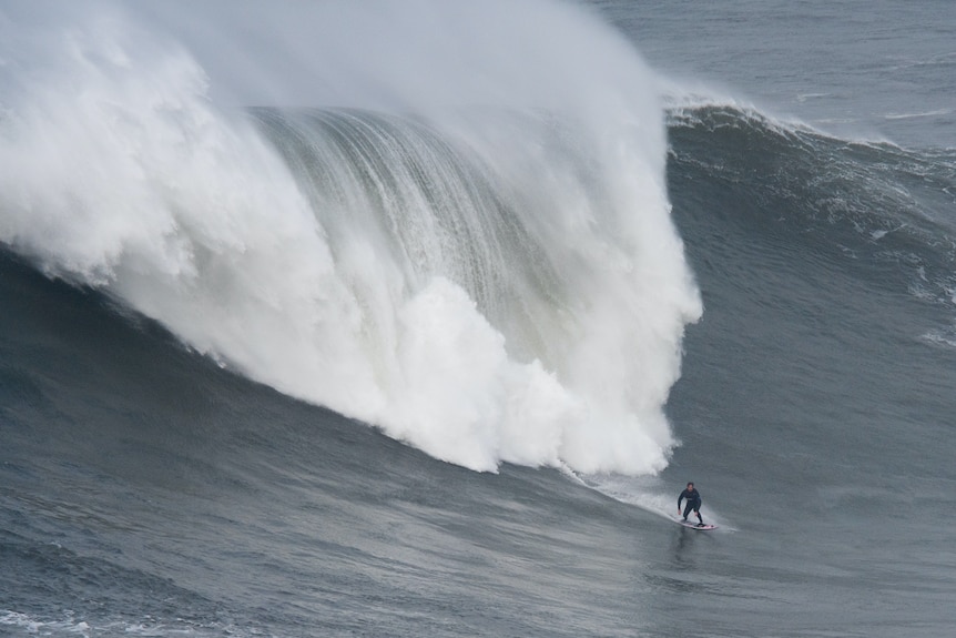 Man surfing gigantic wave