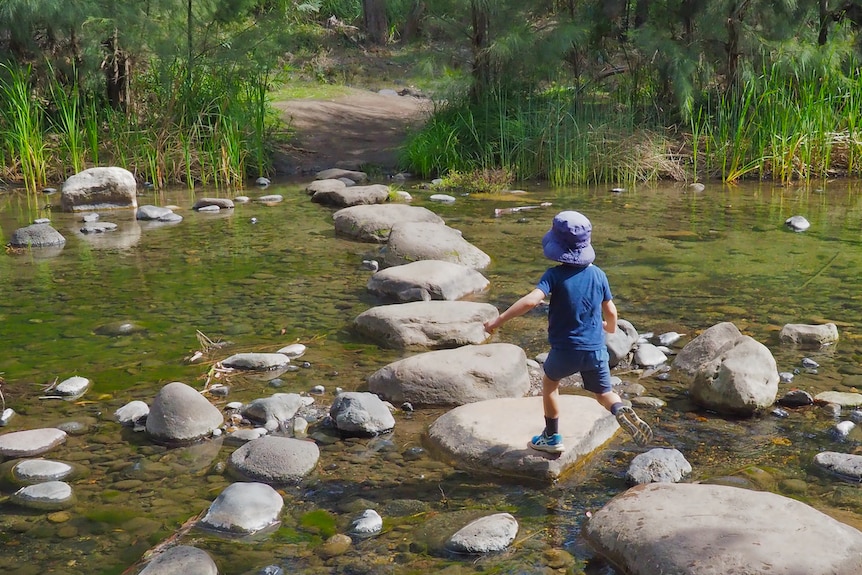A young boy in a hat hops along a string of boulders across on a creek