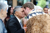 Prince William, right, performs the traditional Maori greeting