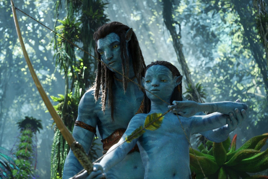 An animated scene in a forest showing an adult blue avatar with a child avatar holding a crossbow.