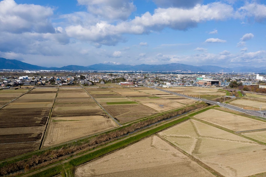Landscape shot shows blue skies in Gifu, Japan. Houses are set behind yellow to green fields in the wide-panning image.
