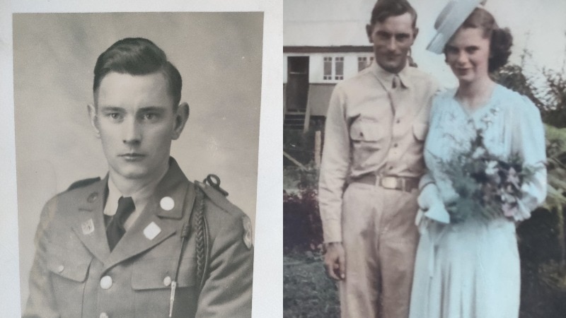 army headshot photo on left and wedding pic on right