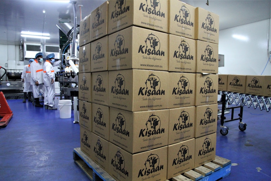 A stack of boxes in a warehouse.