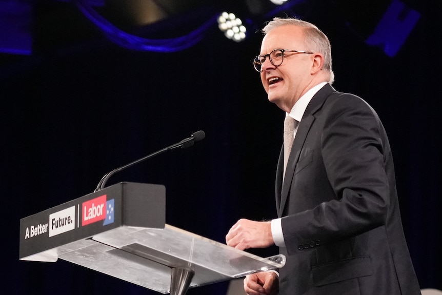 Anthony Albanese speaks at a lectern emblazoned with the words "A better future" and the Labor logo