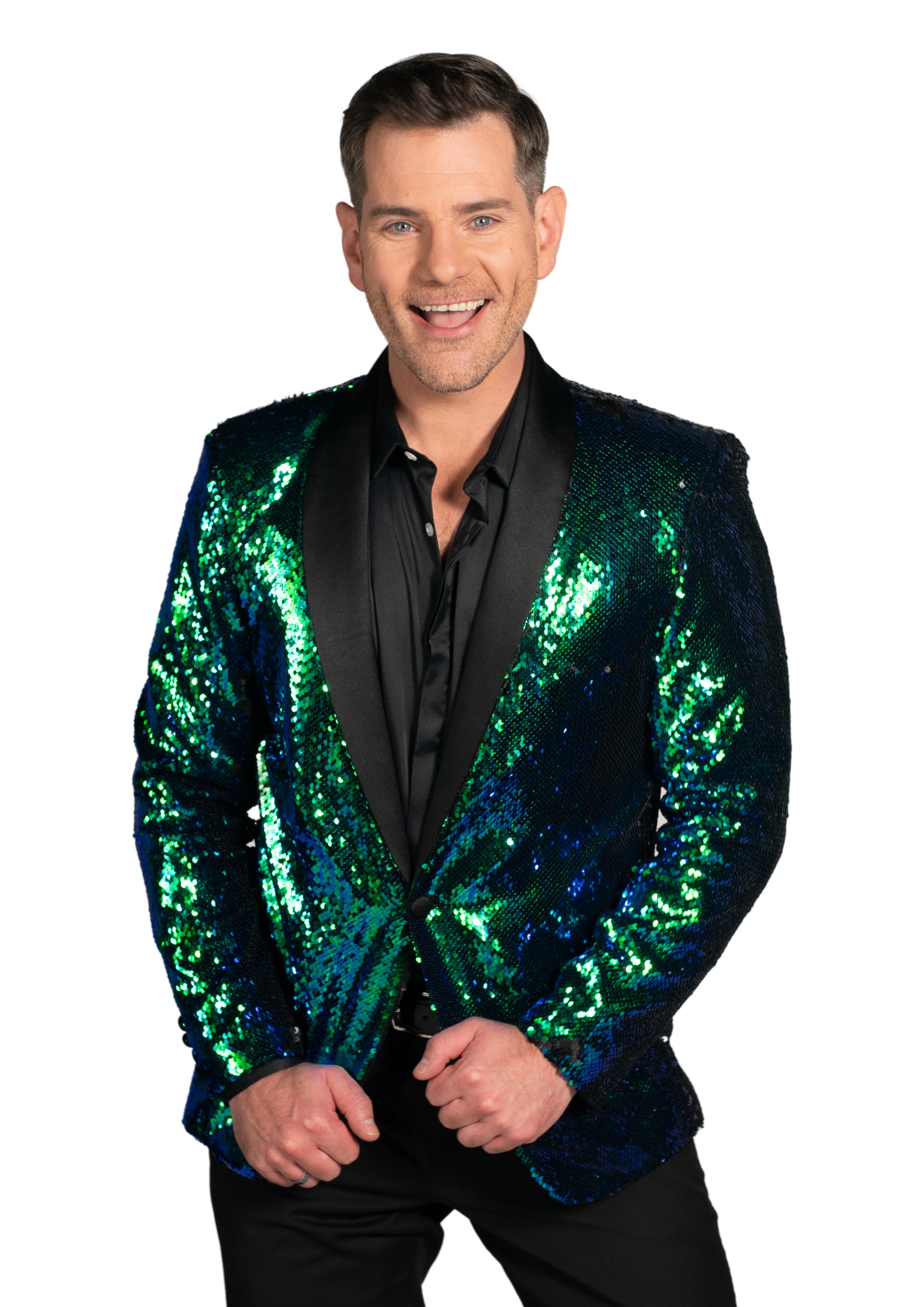 Man wearing a sparkly green jacket over a black shirt.