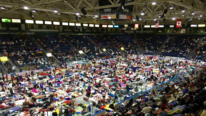 Evacuees fill Germain Arena, which is being used as a fallout shelter, in advance of Hurricane Irma.
