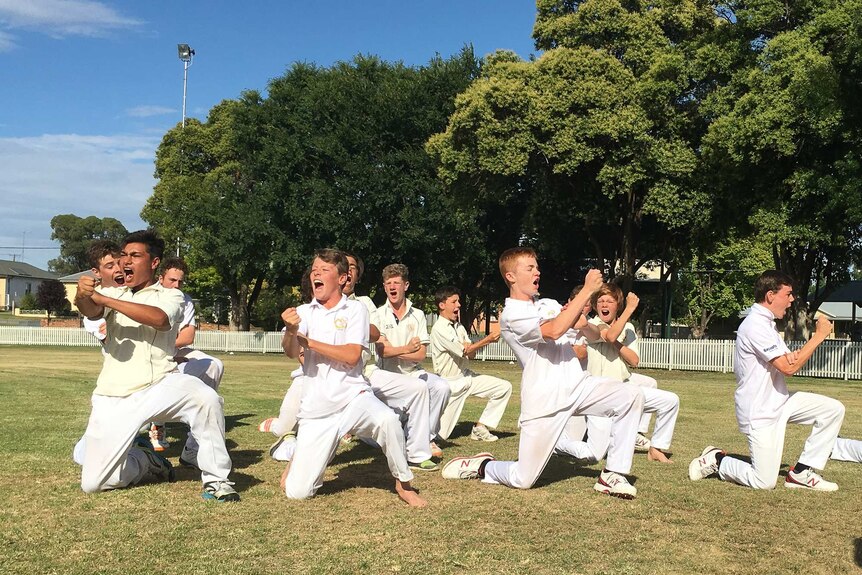 Boys in cricket whites performing the haka at a country cricket ground