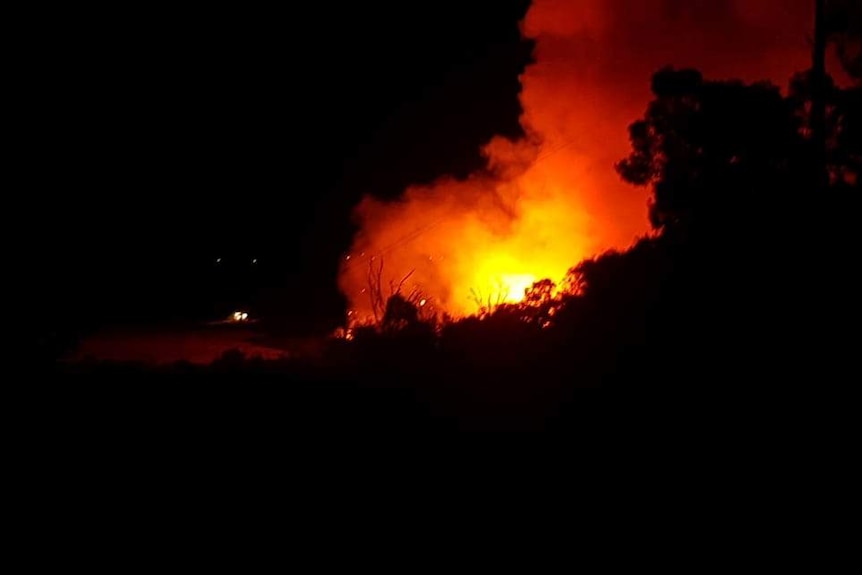 Flames burning near scrubland with smoke filling the night sky.