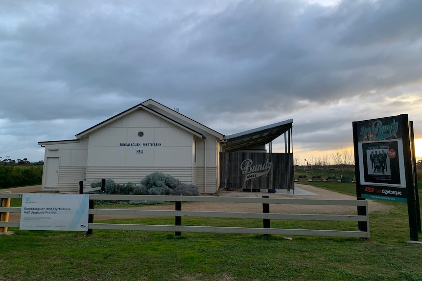 old 1950s hall in the middle of a paddock 