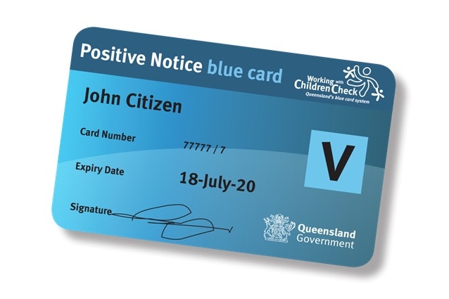 An anonymised Queensland Blue Card with the name John Citizen required for working with children