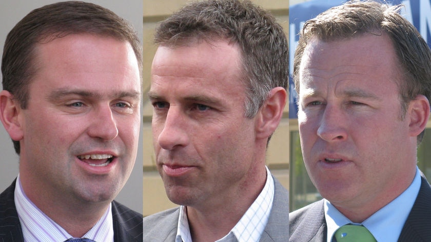 Tasmanian Premier David Bartlett, Greens Leader Nick McKim and Liberals Leader Will Hodgman (L to R)