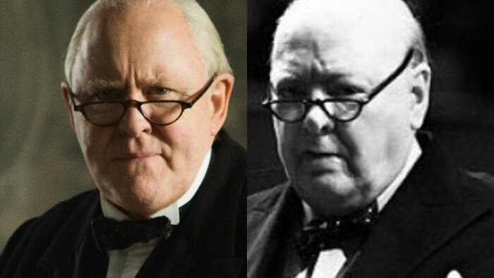 A composite image of John Lithgow and Winston Churchill, showing their likeness when he acted in The Crown.