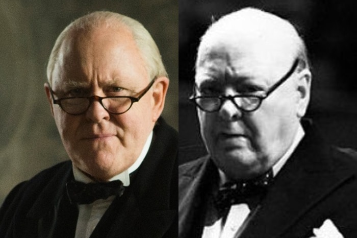 A composite image of John Lithgow and Winston Churchill, showing their likeness when he acted in The Crown.