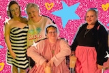 A compilation image of fans smiling in their Barbie costumes, with a glittery pink backdrop.