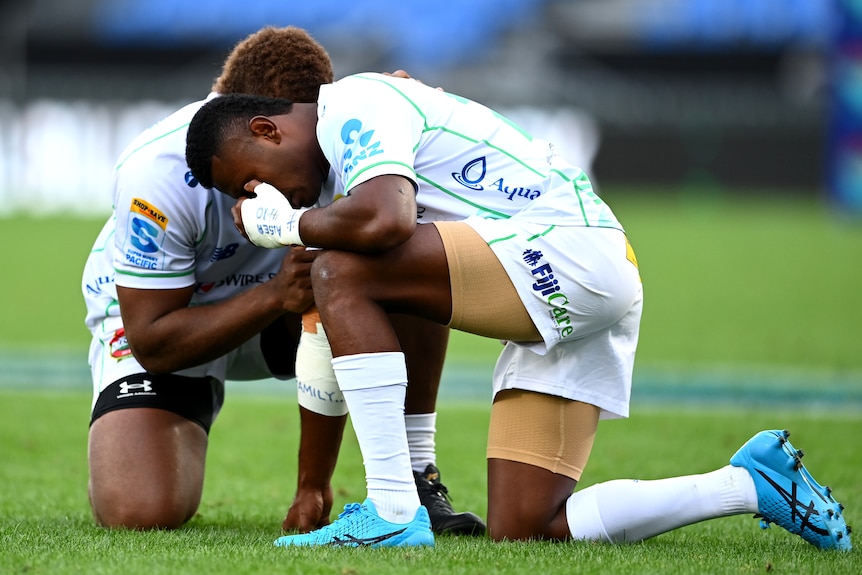 Fijian Drua react after a win
