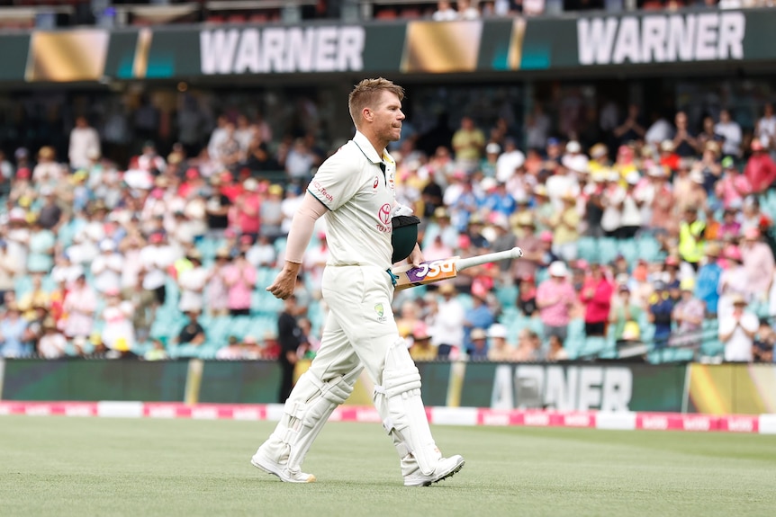 David Warner walks off the field as the crowd applauds and his name is visible on the hoardings