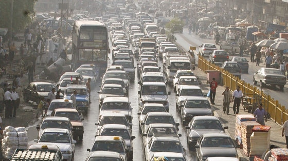 Nondescript motorists stuck in a traffic jam
