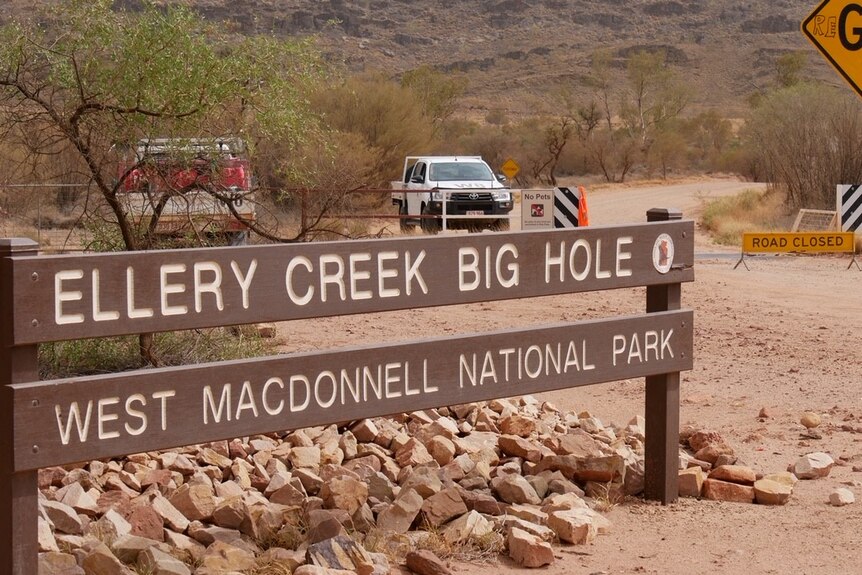 A sign reading 'road closed' can be seen at the entrance to Ellery Creek Big Hole.