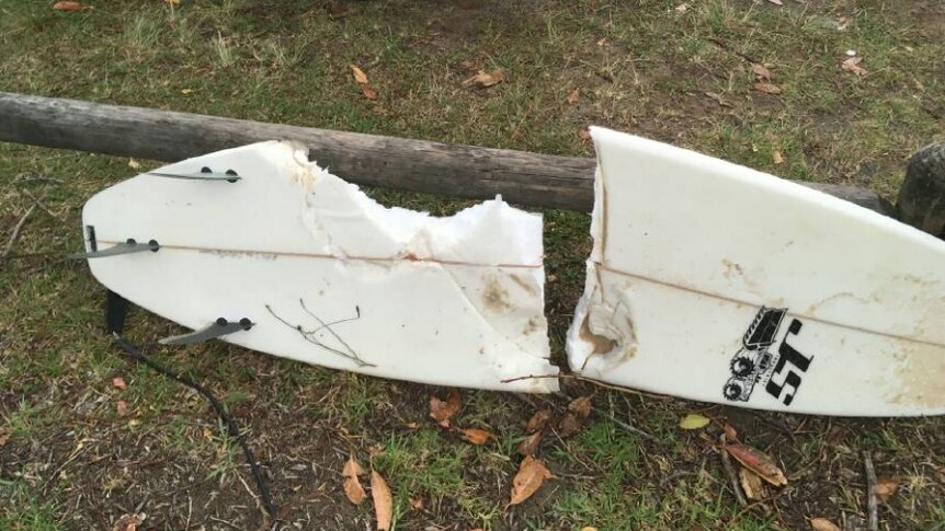 A surfboard belonging to man bitten by shark in attack on NSW Mid North Coast.