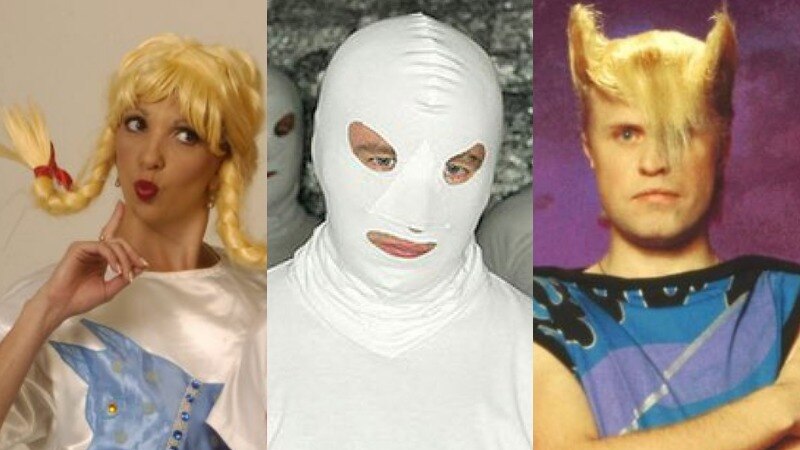 woman with blonde pigtails, man in white balaclava and man with blonde hair in an 80s style
