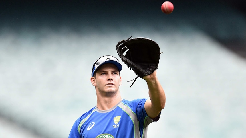 A mid shot showing Hilton Cartwright preparing to catch a cricket ball with a baseball glove.