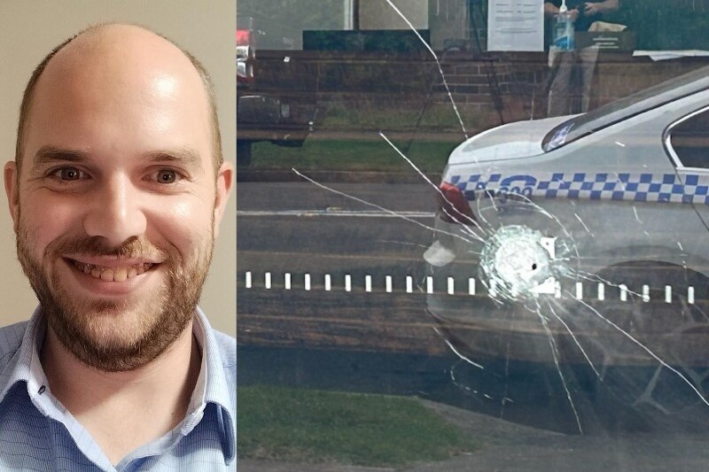 Composite of a man and a bullet hole in a glass door.