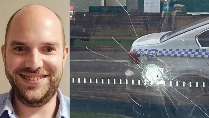 Composite of a man and a bullet hole in a glass door.