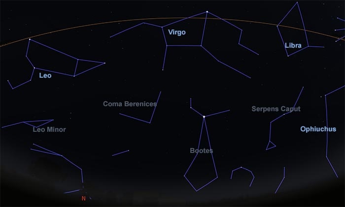 Map of zodiac in late April at 9.30PM AEST