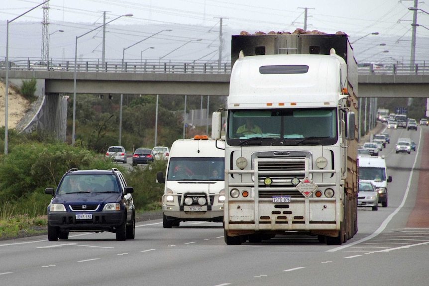 A livestock truck in traffic heading along Roe Highway.