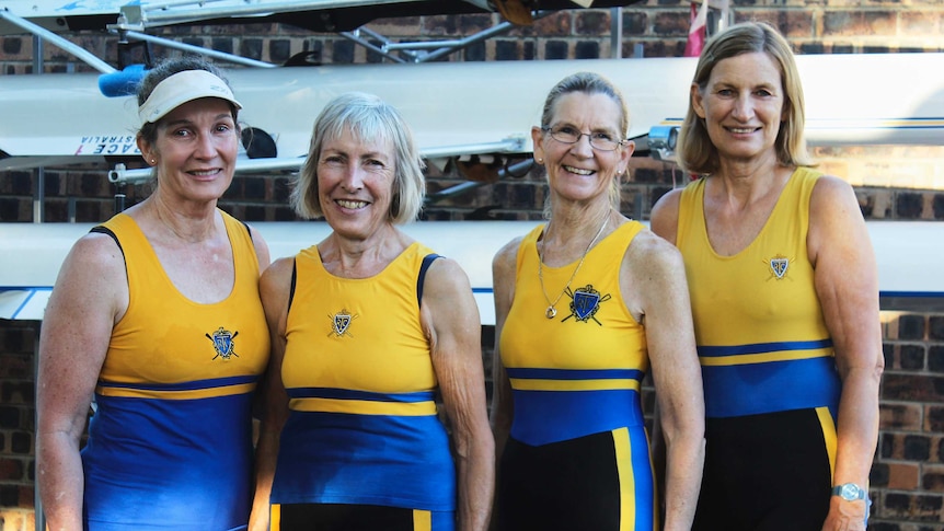 Trish Carter, Lyn Brown, Julie Ann Kelly and Marion Elliot (LtoR) outside the Toowong Rowing shed.
