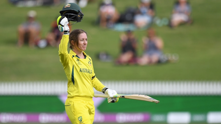 Rachael Haynes celebrates her century in World Cup