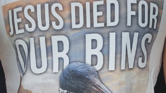 Ibis T-shirt saying "Jesus died for our bins".