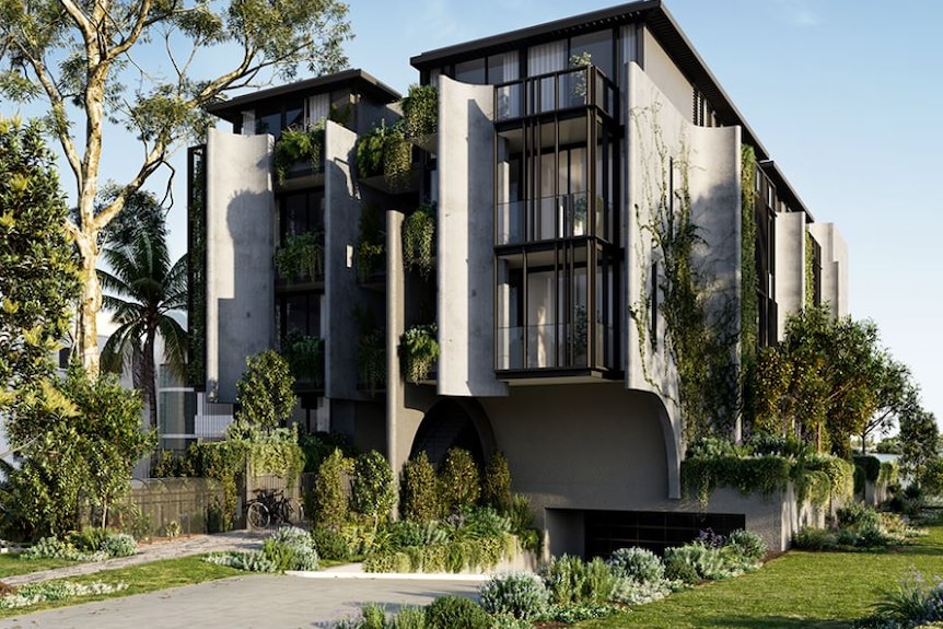 An illustration depicting a modern apartment block covered in greenery.