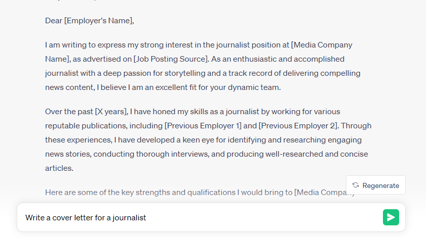 Example of ChatGPT text generated by prompt which says write a cover letter for a journalist